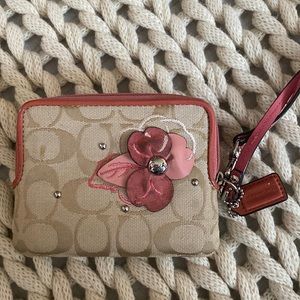 Coach Tan Signature Canvas with Suede Flower Wristlet